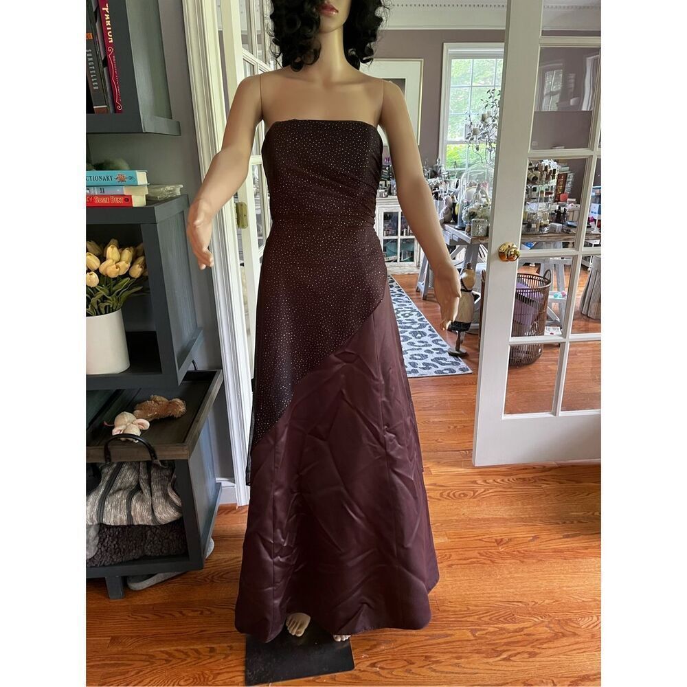 Jump Apparel Chocolate Brown Crystal Embellished Y2K Strapless Brown Gown sz 11/